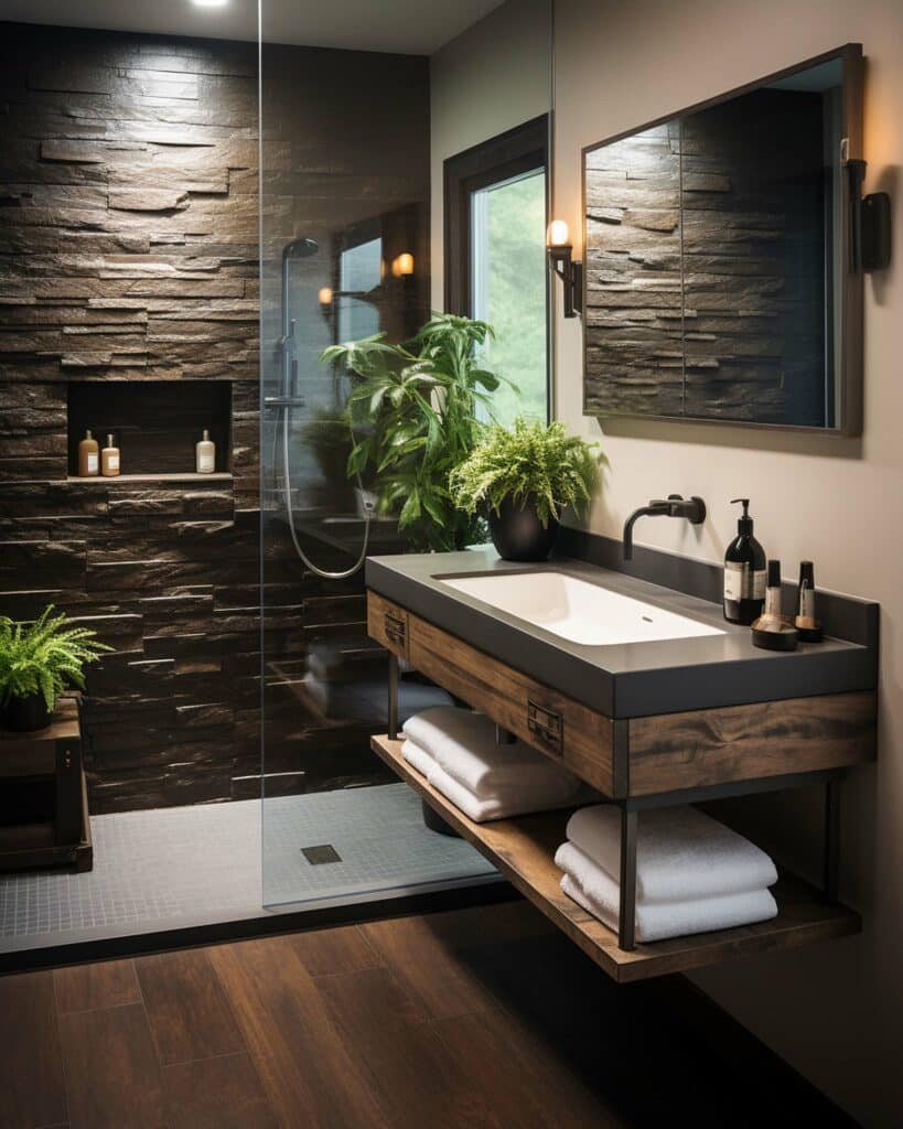Matières naturelles style nature salle de bains bois marbre pierre