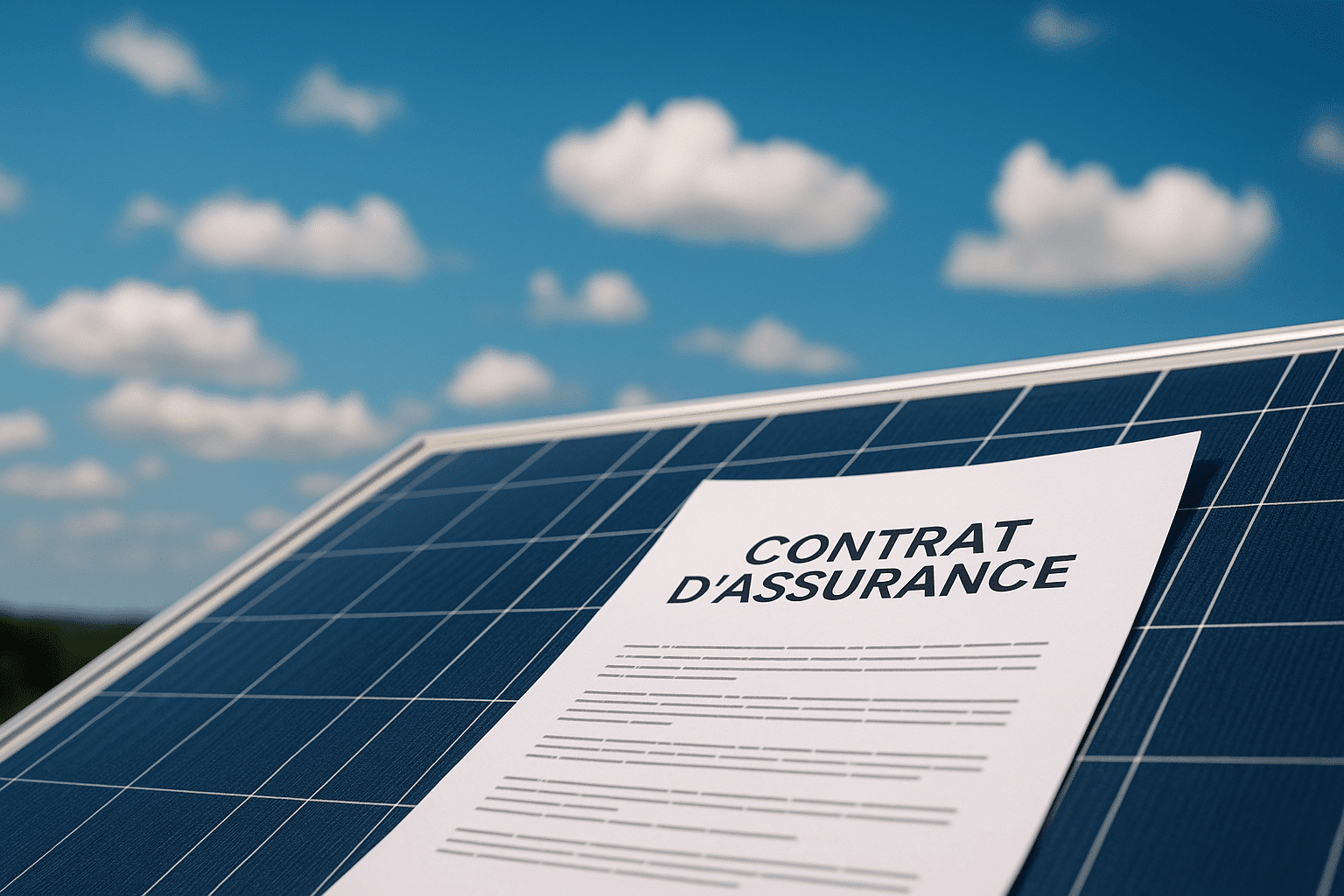 Contrat d’assurance posé sur un panneau solaire avec ciel en arrière-plan