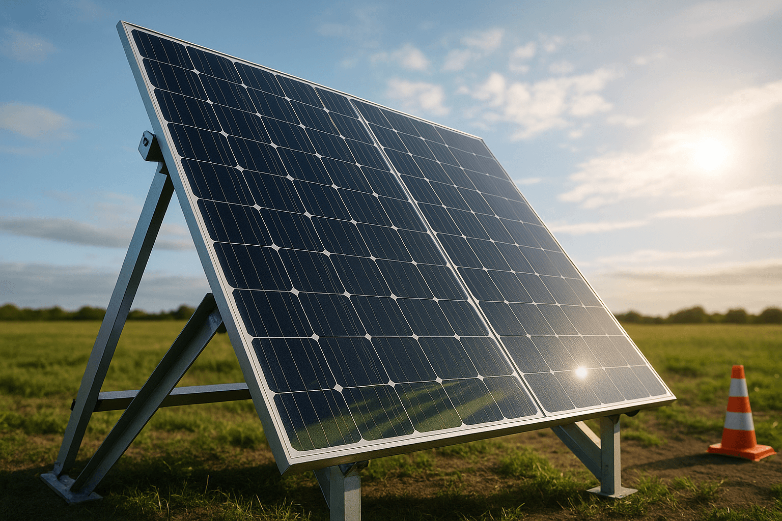 Panneau solaire bifacial installé sur structure au sol, captant lumière directe et réfléchie